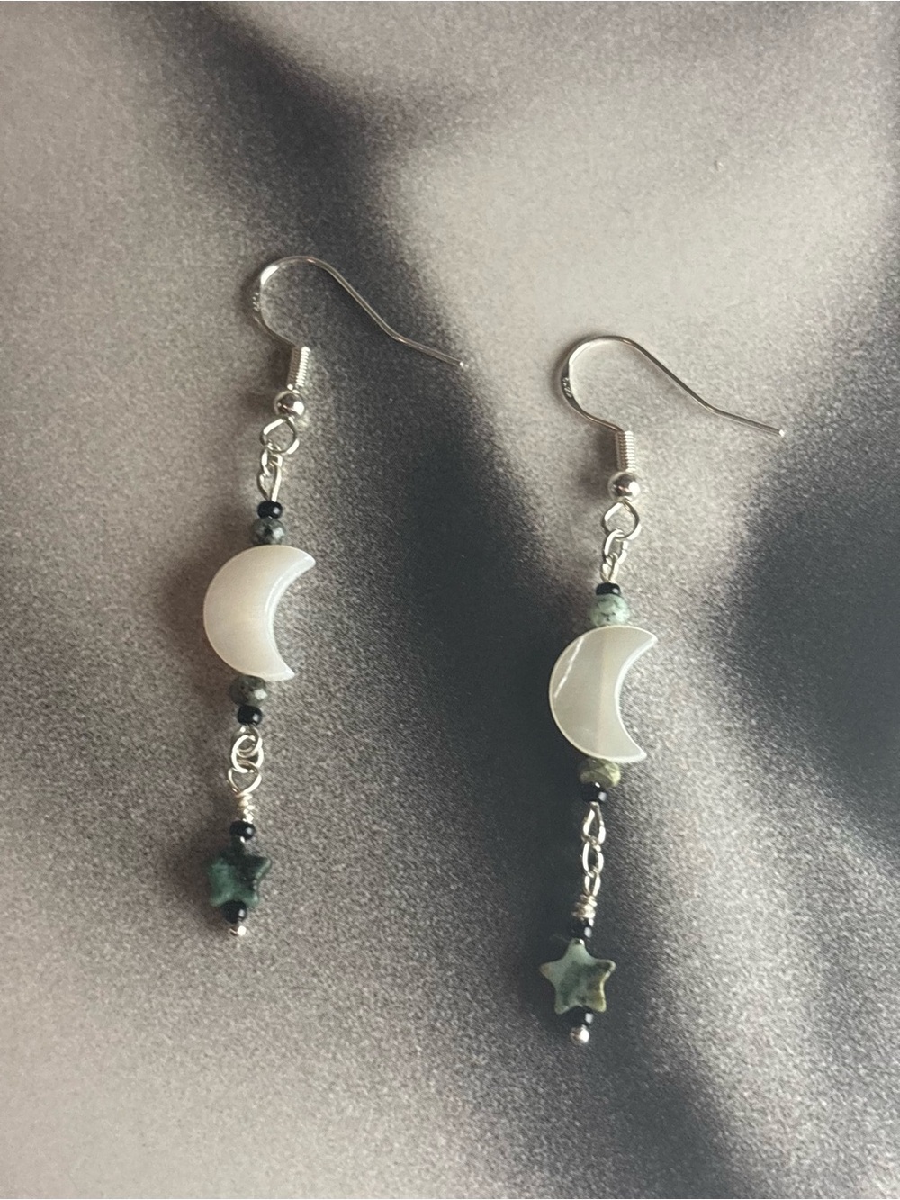 Moon & Star Dangle Earrings in White and Green